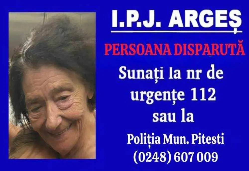 DISPARIȚIE ÎNGRIJORĂTOARE: Femeie de 77 de ani dispărută din Pitești