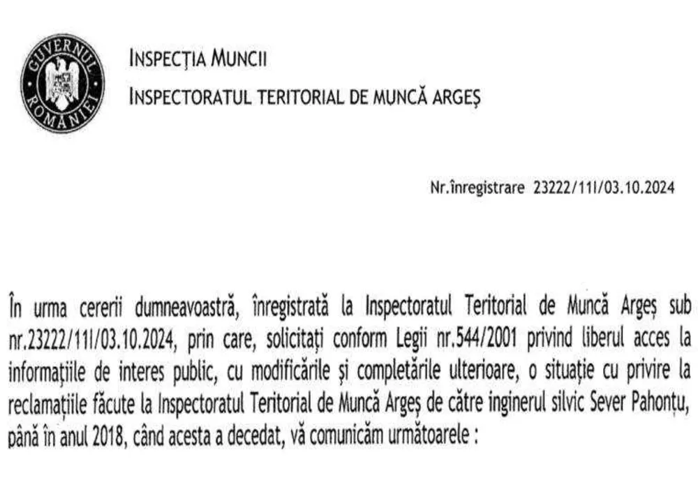 ITM Argeș Refuză Informațiile în Legătură cu Reclamațiile lui Sever Pahonțu