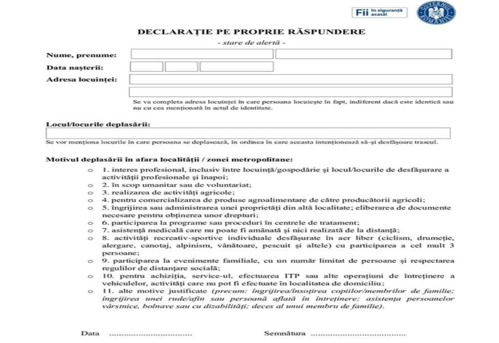 Declaraţia pe proprie răspundere, necesară pentru a putea ieşi din localitate, pe perioada stării de alertă