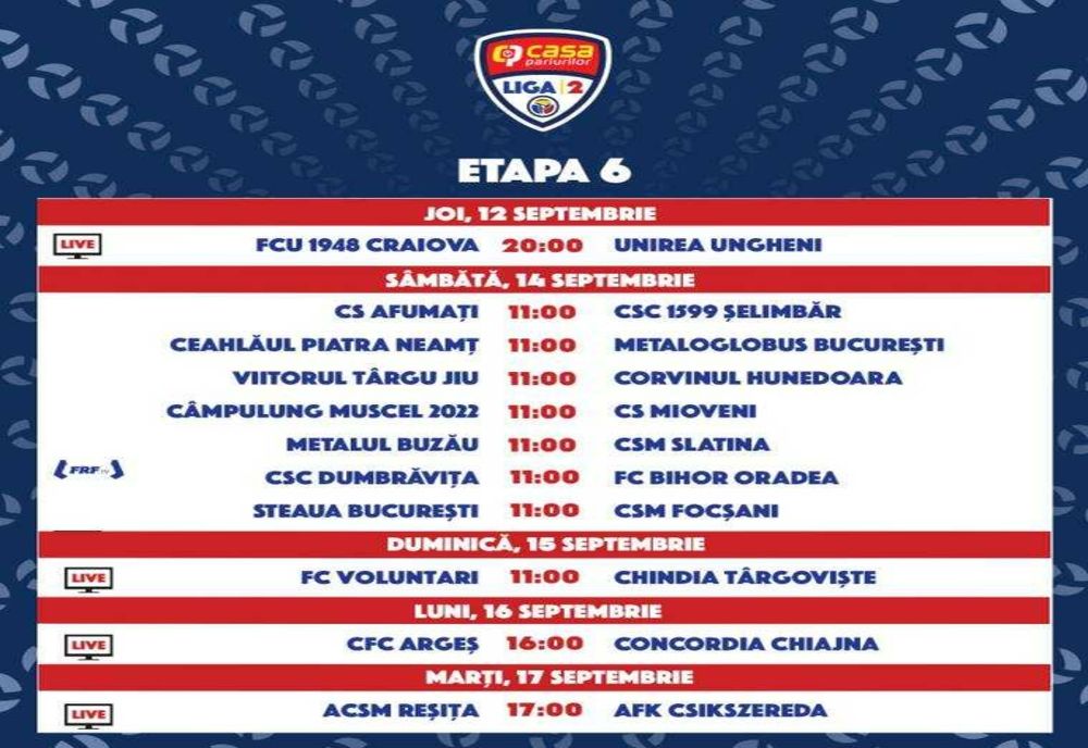 LIGA 2: Programul etapei următoare după pauza internațională